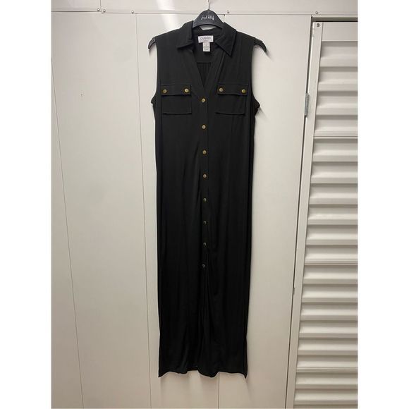 Carmen Marc Valvo Long Maxi Black Dress Gold Buttons Size Small - Picture 1 of 12